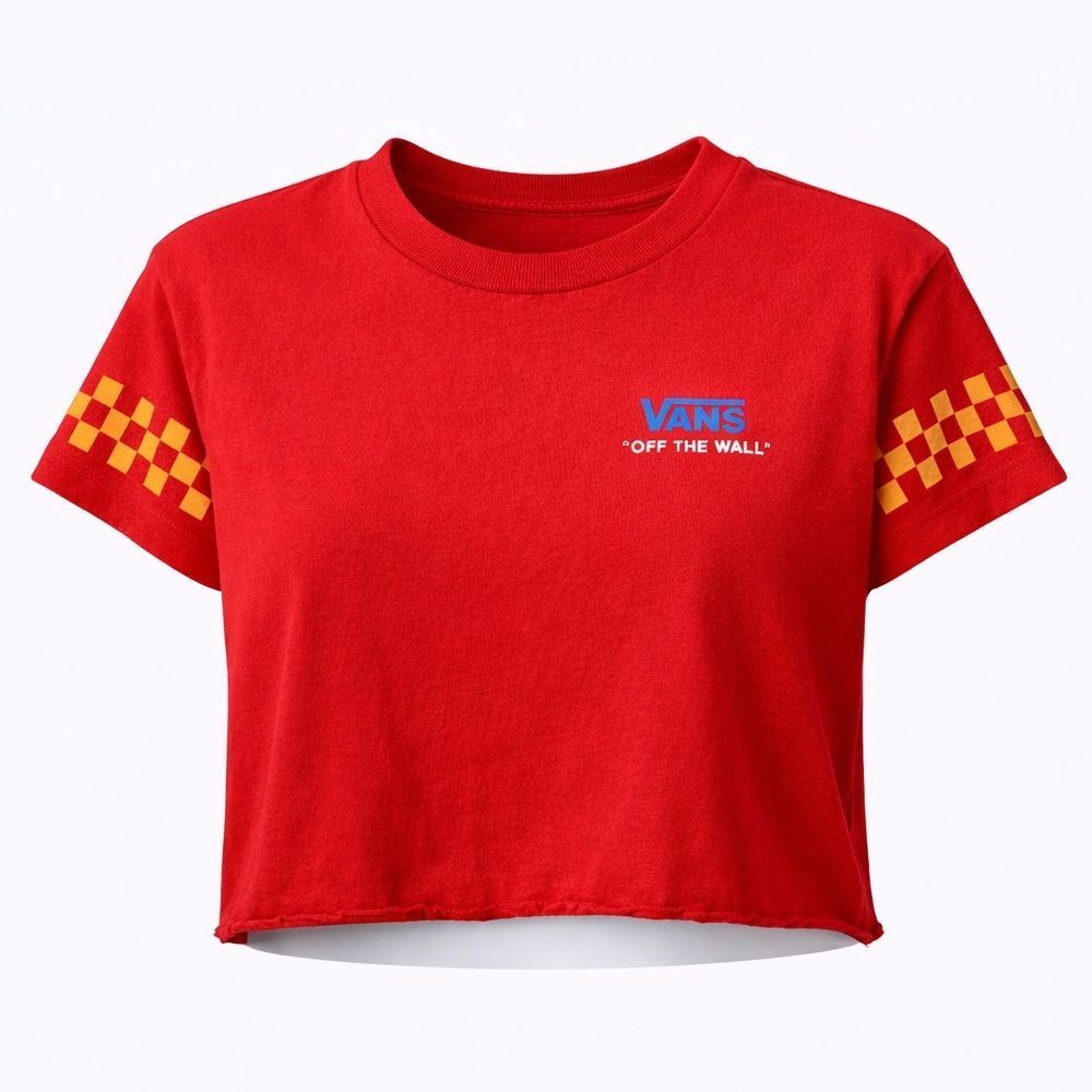 Vans Off The Wall Red Cropped T-Shirt Checkerboard Sleeves Size S